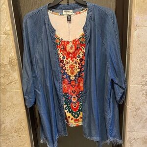 Hester & Orchard Blue Denim Fringe Top paired with Floral Tank Top 1X